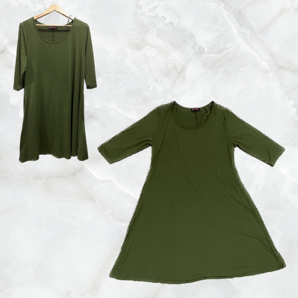 Plain Dark Green One Third Sleeve Midi Dress Made in USA
